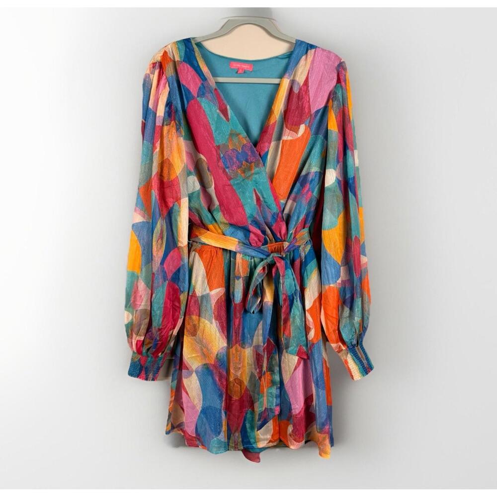 Flying Tomato Geometric Multicolor Wrap Dress L Belted Long Sleeve